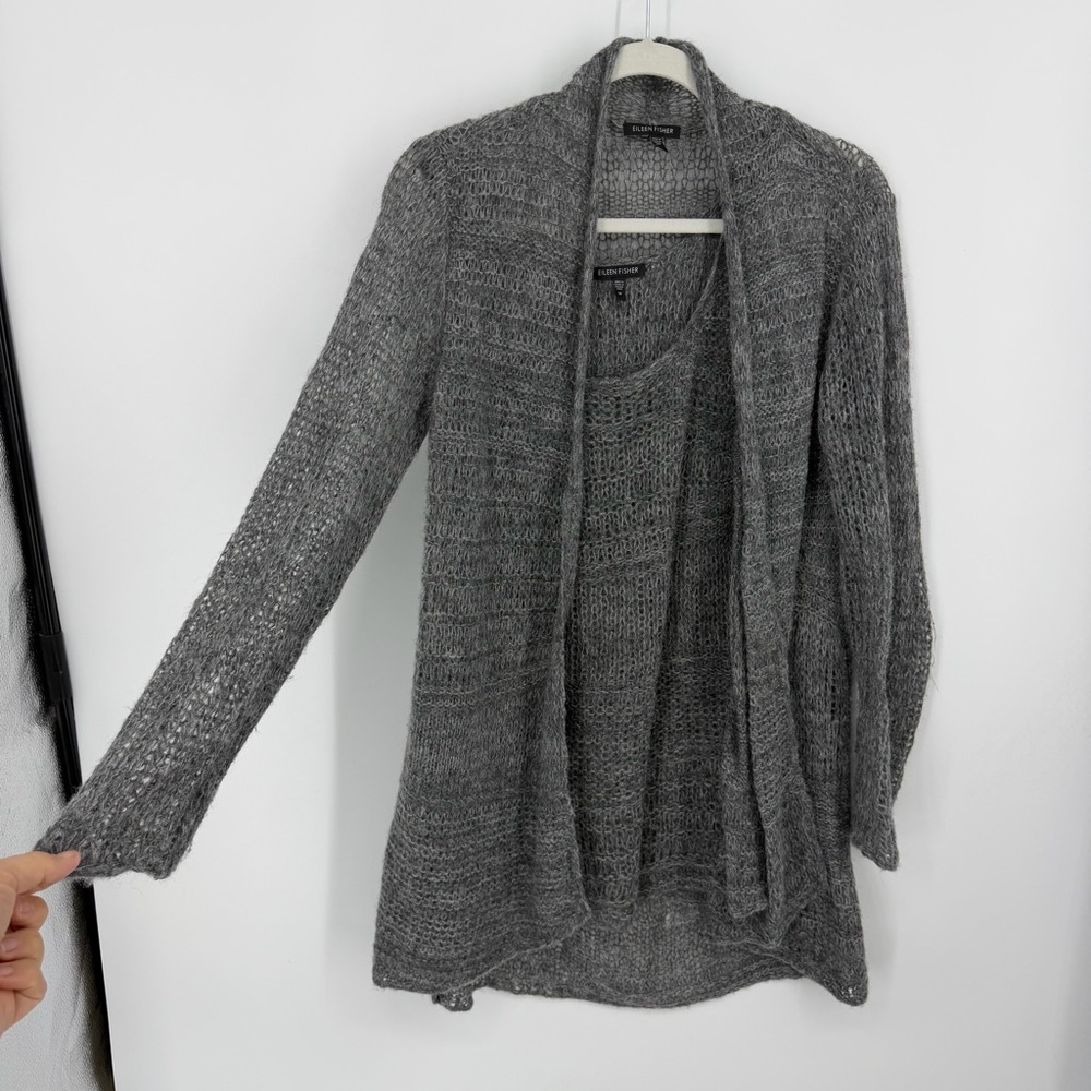 Eileen Fisher Gray Long Crochet Open knit Cardigan tank set Size sz S M